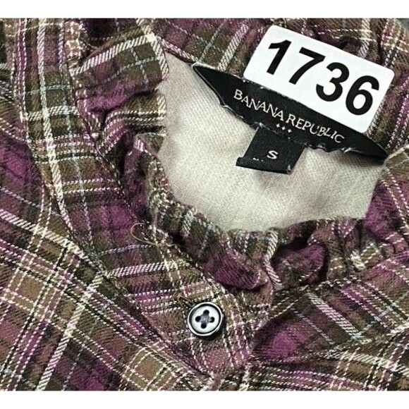 Banana Republic Top Womens S Sugar Plum Plaid Flannel Ruffle Neck Preppy Boho - Picture 14 of 14